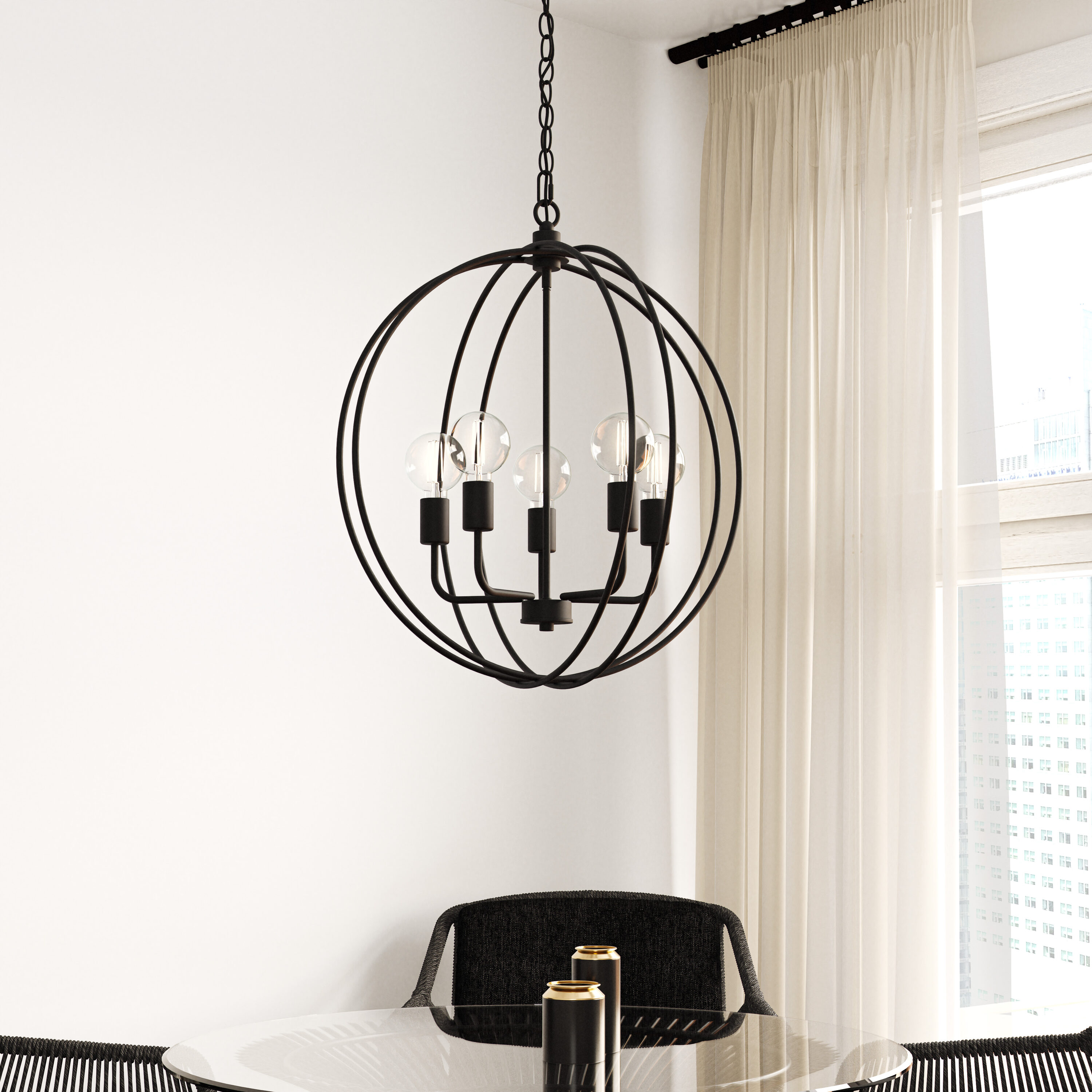 Ellerbrooke 5 -Light Matte Black Transitional Globe Large Hanging Pendant light