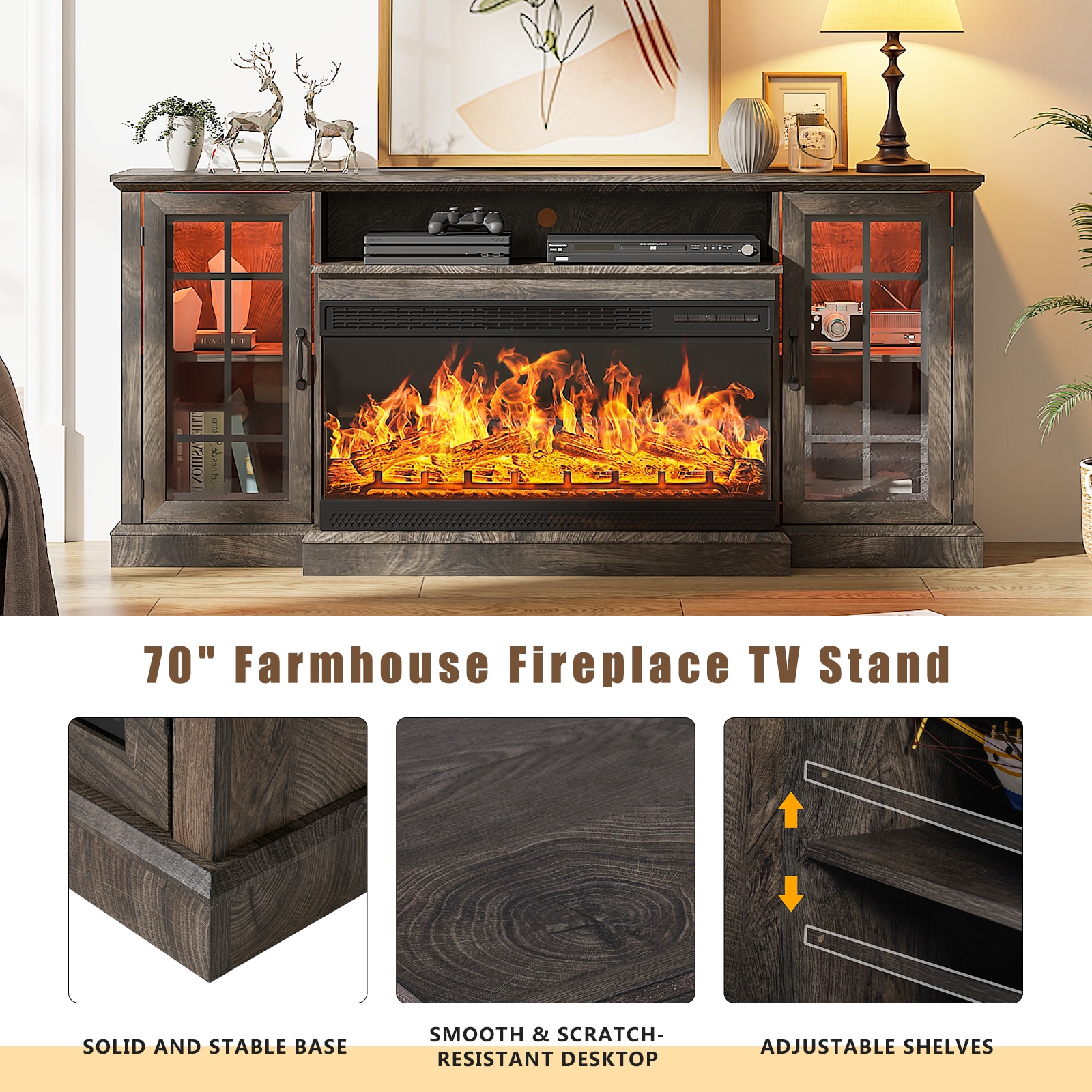 70-Inches W Gray TV Stand with LED Flat wall Electric Fireplace with Remote Control Included - Image 5