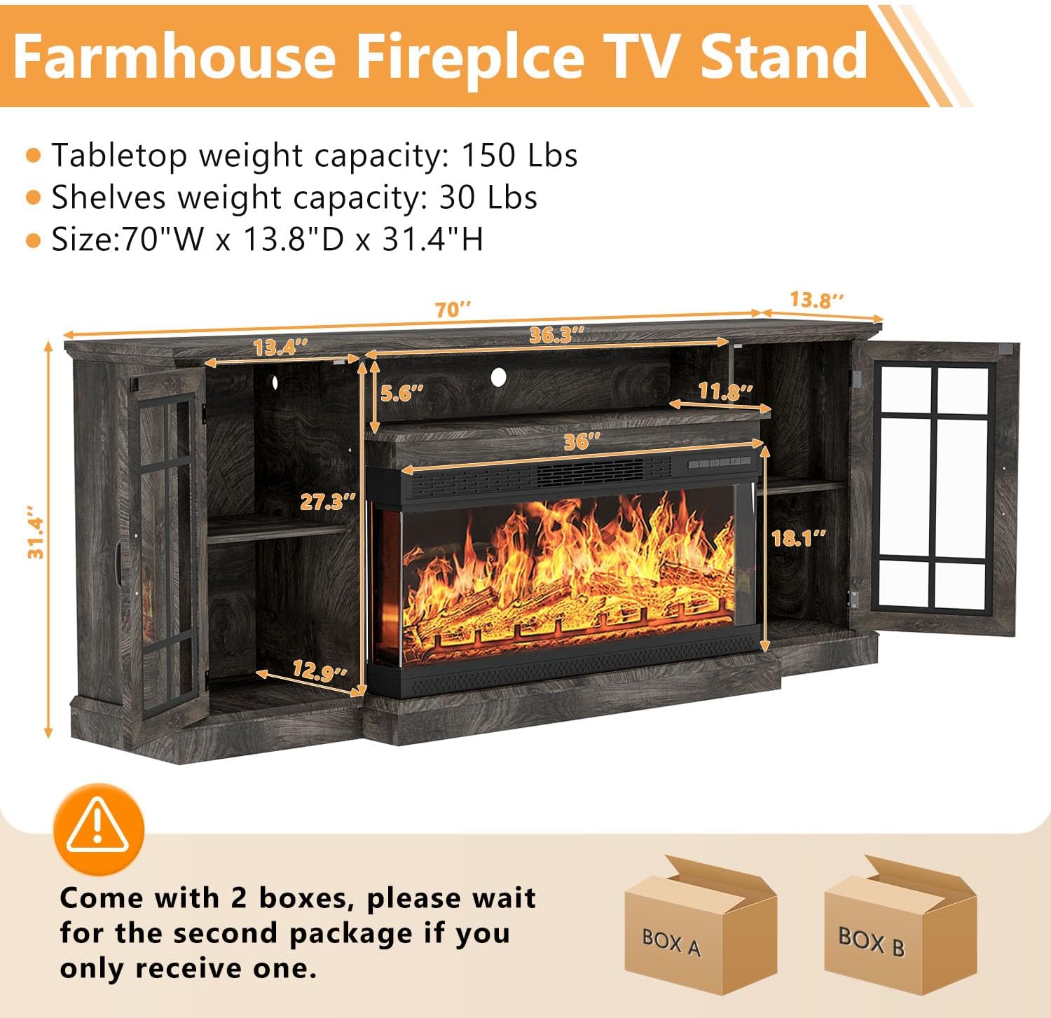 70-Inches W Gray TV Stand with LED Flat wall Electric Fireplace with Remote Control Included - Image 7