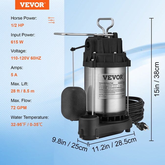 VEVOR 1/2-HP 120-Volt 72-GPM Stainless Steel Submersible Sump Pump - Image 7