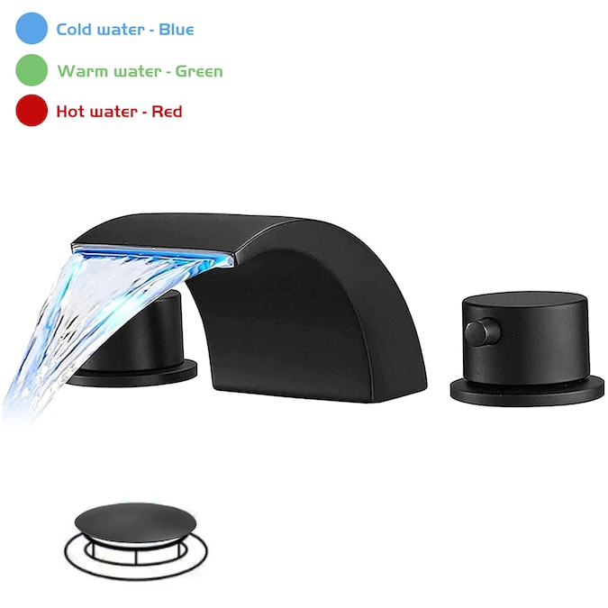 BWE Matte Black Widespread 2-Handle WaterSense Waterfall Bathroom Sink Faucet with Drain