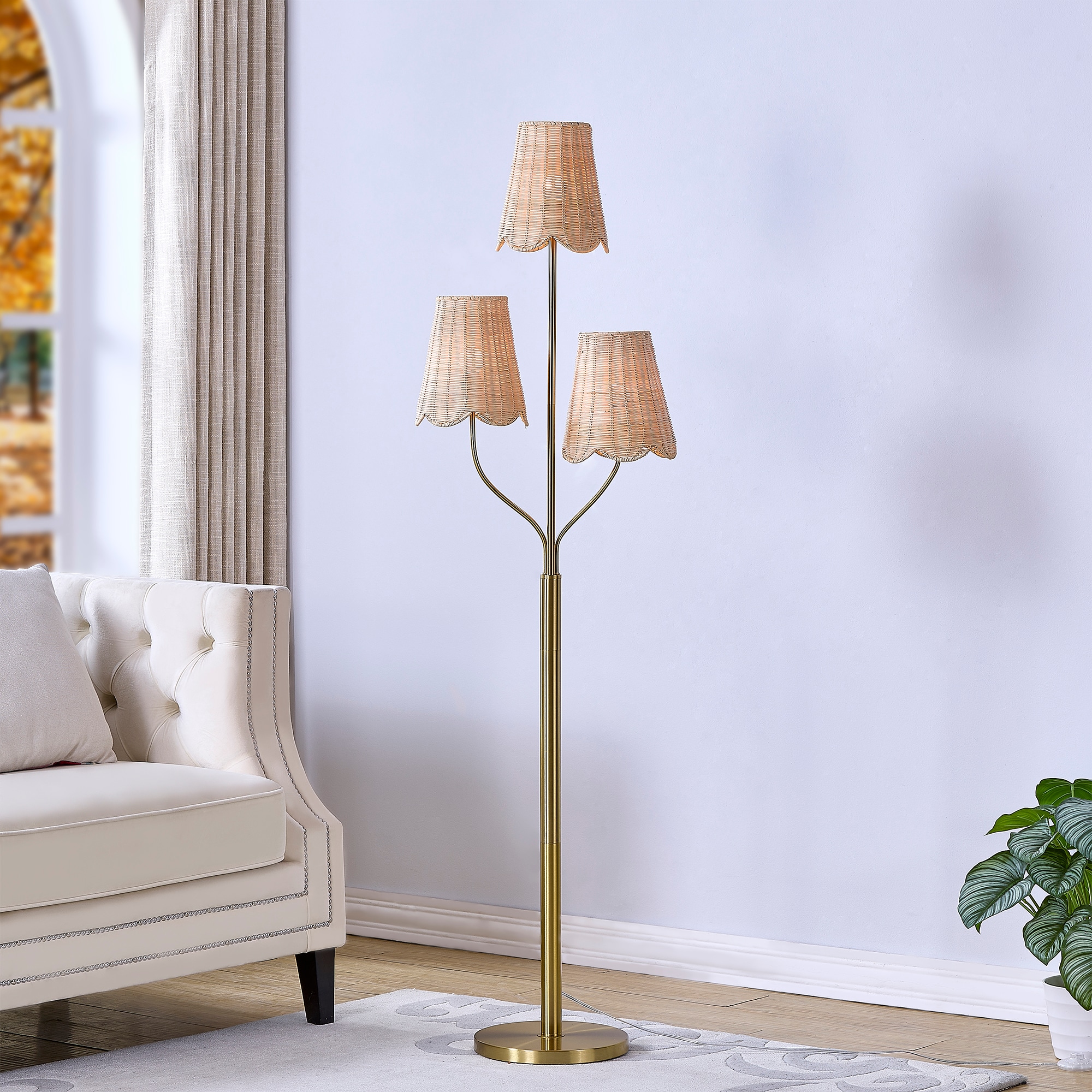 Attractive 65-in Electroplated Bronze and Brown Multi-head Floor Lamp with Rattan Shade