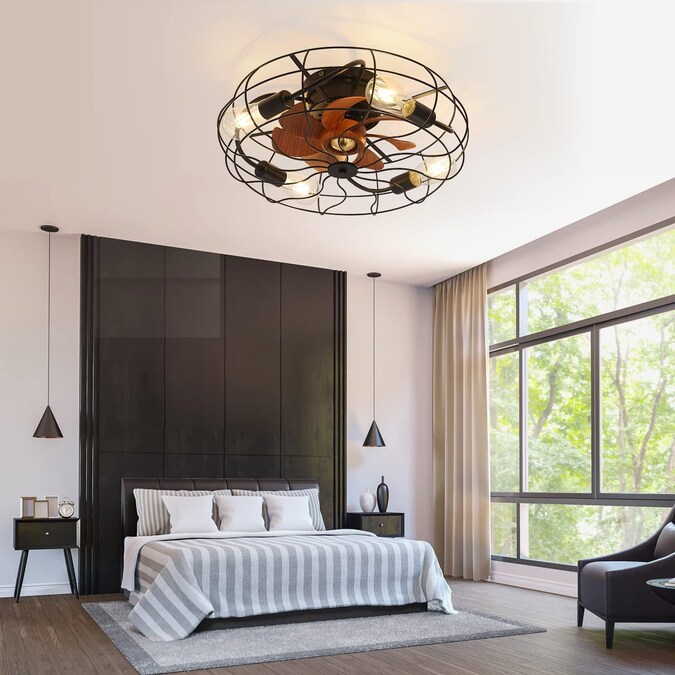 Bayfeve 20-in Black with Brown Wood Grain Blades LED Indoor/Outdoor Flush Mount Fandelier Ceiling Fan with Light and Remote (7-Blade) - Image 3