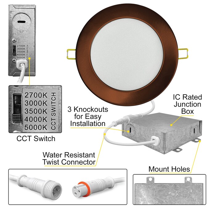 NUWATT Ultra Slim Airtight IC Bronze 4-in 630-Lumen Switchable Round Dimmable LED Canless Shower Recessed Downlight (6-Pack) - Image 3