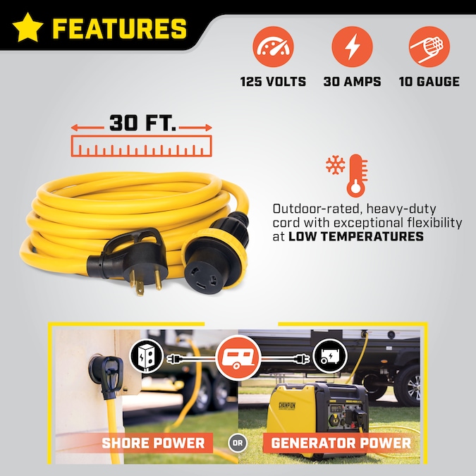 Champion Power Equipment 30-Amp RV Generator 30-ft/1 3 Prong Yellow Outdoor Heavy Duty Locking ExtenSion Cord - Image 2