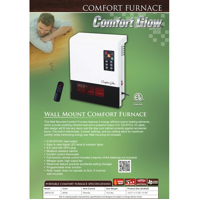 Comfort Glow Up to 1500-Watt Infrared Quartz Wall Mount Indoor Electric Space Heater with Thermostat and Remote Included - Image 9