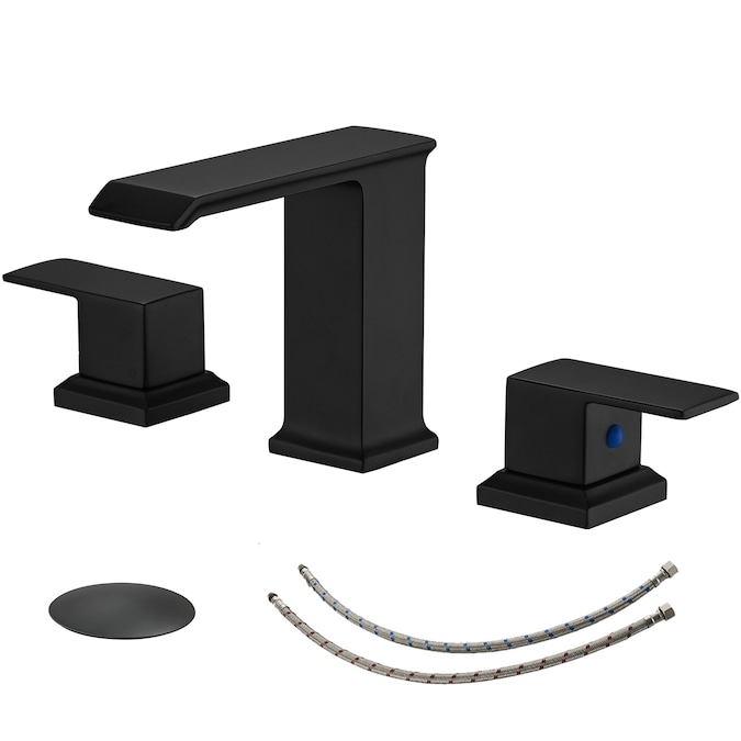 BWE Matte Black Widespread 2-Handle WaterSense Waterfall Bathroom Sink Faucet with Drain