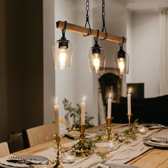Uolfin 3-Light Black In Wood Tone with Clear Bell Glass Farmhouse Clear Glass Linear LED Large Hanging Pendant Light