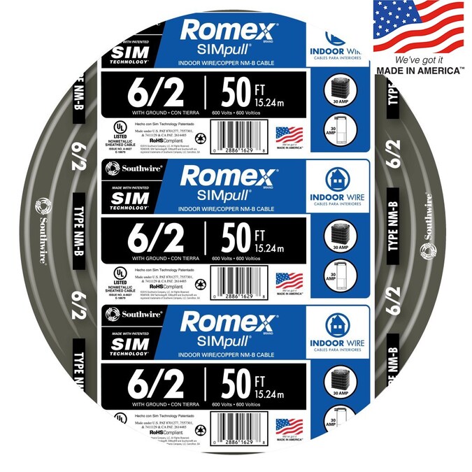 Southwire 50-ft 6/2 Romex SIMpull Solid Indoor CU NM-B W/G Individual Pack (By-the-roll)