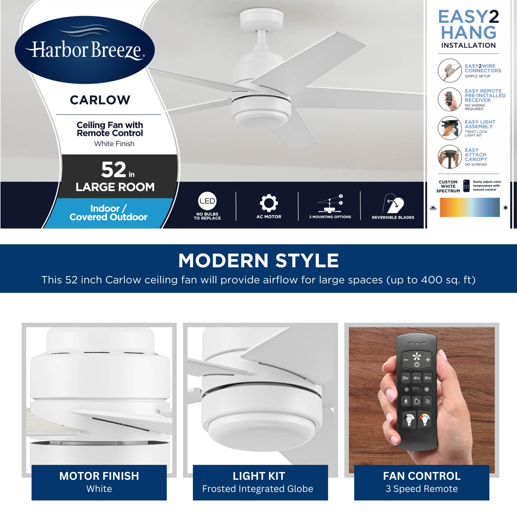 Carlow 52-in Color-Changing Outdoor White with White/Driftwood Blades Ceiling Fan With Light - Remote Included ( 5 -Blade ) - Image 3