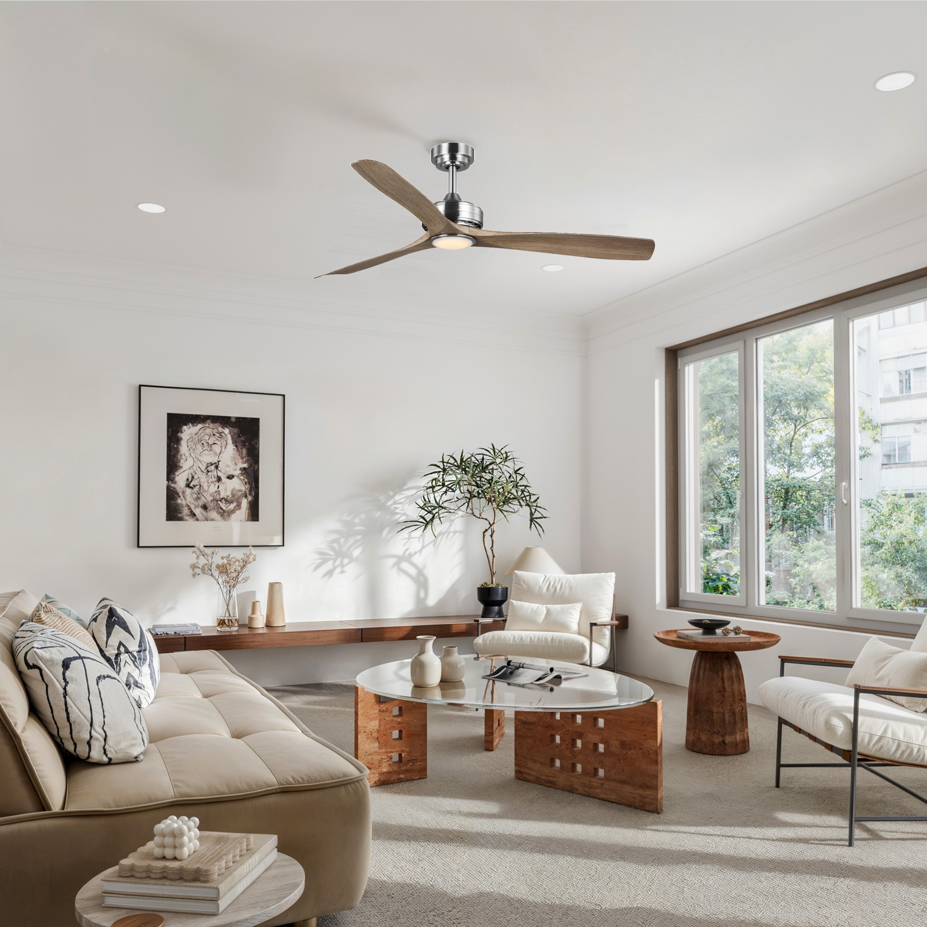 BOCA I 52-in Color-Changing Outdoor Brushed Nickel with Brown Blades Ceiling Fan With Light - Remote Included ( 3 -Blade )