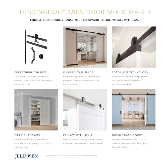 JELD-WEN 72-in Matte Black Fits Any 1-3/8" Door Indoor Top Mount Soft Close Single Barn Door Hardware Kit - Image 3