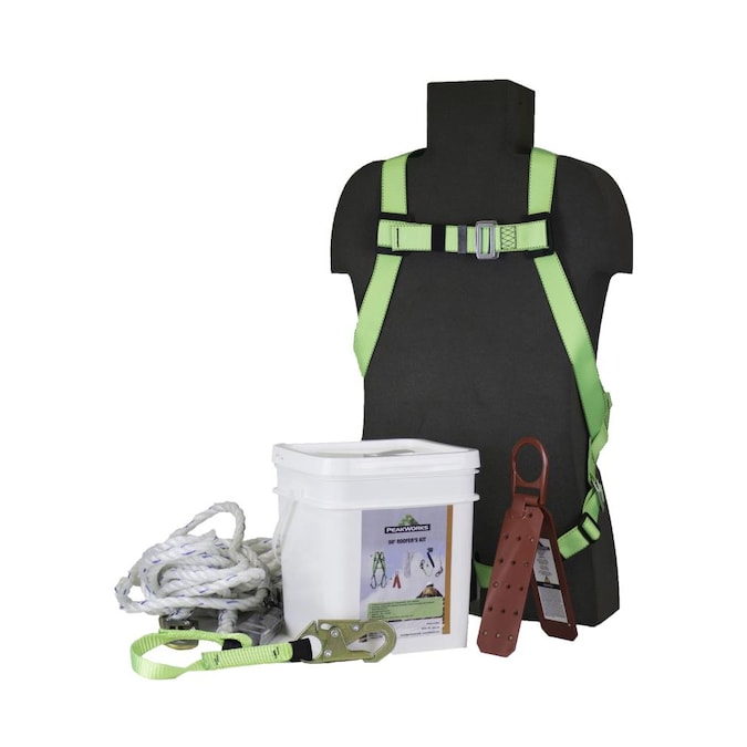 PeakWorks Full Body Safety Harness with Pass Thru Leg Buckles, Rope Grab, 50 Ft. Vertical Lifeline and Reusable Roof Bracket, Roofer's Kit In Bucket, White/green, Universal Fit