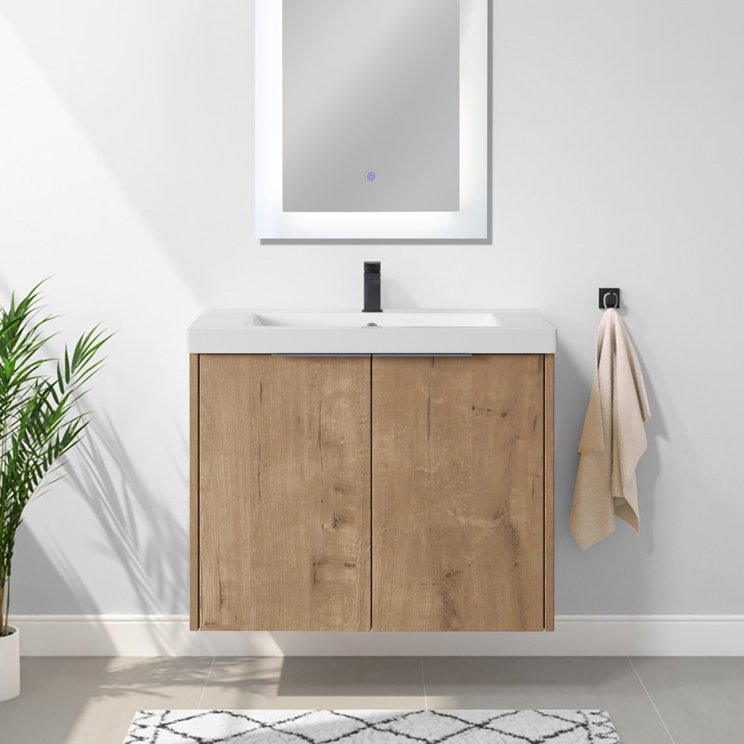Floating Soft-Closing 24-in Imitative Oak Single sink Floating Bathroom Vanity with White Cultured marble Top