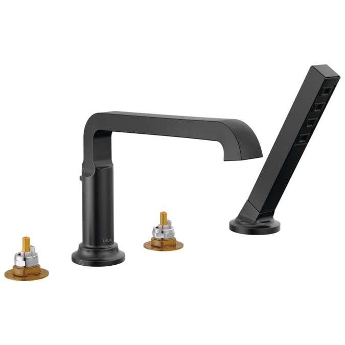 Delta Tetra Matte Black Deck-mount Roman Low-arc Bathtub Faucet with Hand Shower