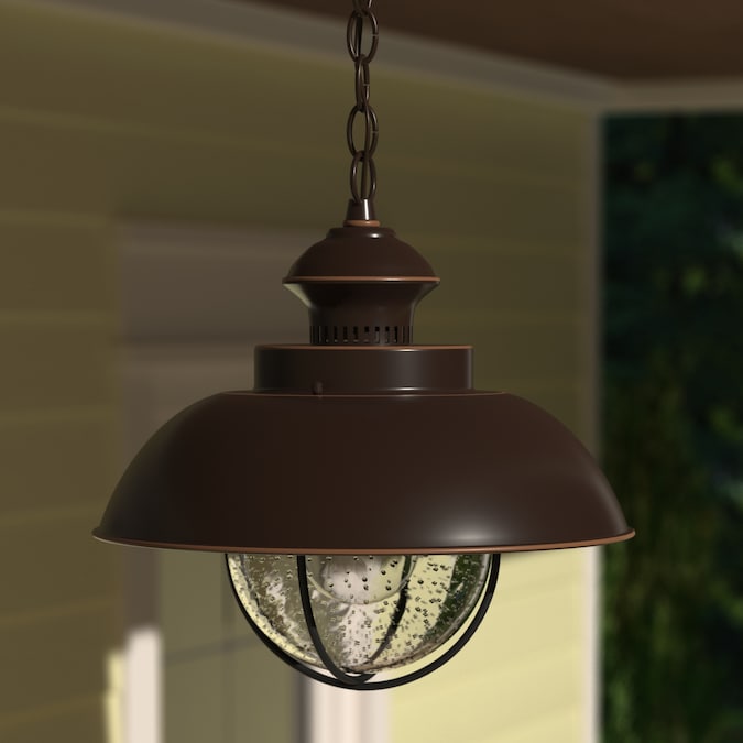 Cascadia Nautical Burnished Bronze Transitional Seeded Glass Dome Led, Medium Outdoor Hanging Pendant Light