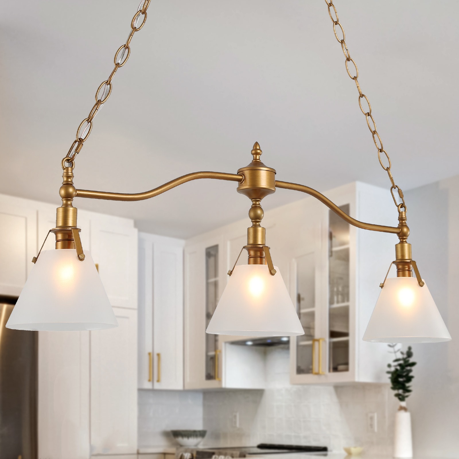 Trend 3 -Light Brushed Gold and Frosted Glass Modern/contemporary Frosted glass Cone Large Hanging Kitchen island light