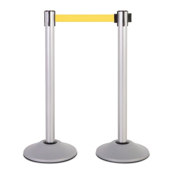 US Weight Heavy Duty Silver Premium Steel Stanchion with 7.5-foot Yellow Retractable Belt