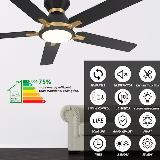 CARRO USA Essex 52-in Black Indoor/Outdoor Flush Mount Smart Ceiling Fan with Light and Remote (5-Blade) - Image 5