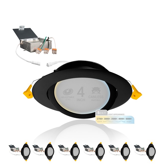 NUWATT Ultra Slim Gimbal Adjustable Lens Black 4-in 630-Lumen Switchable Round Dimmable LED Canless Recessed Downlight (6-Pack)