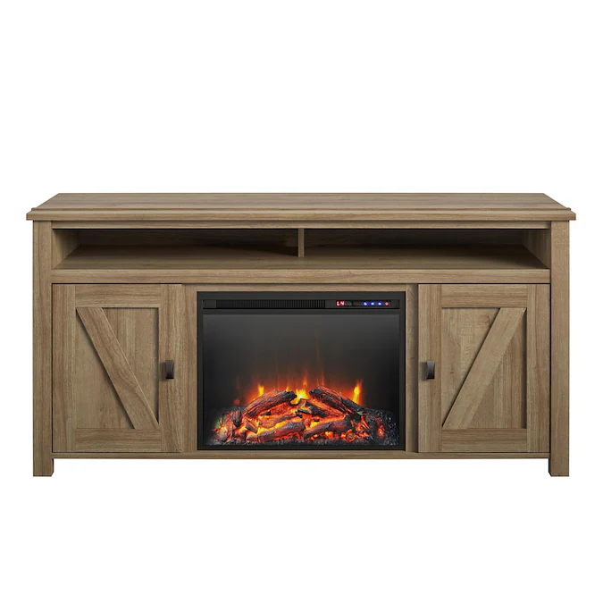 Ameriwood Home 59.62-in W Natural TV Stand with Fan-forced Flat Wall Electric Fireplace with Remote Control Included