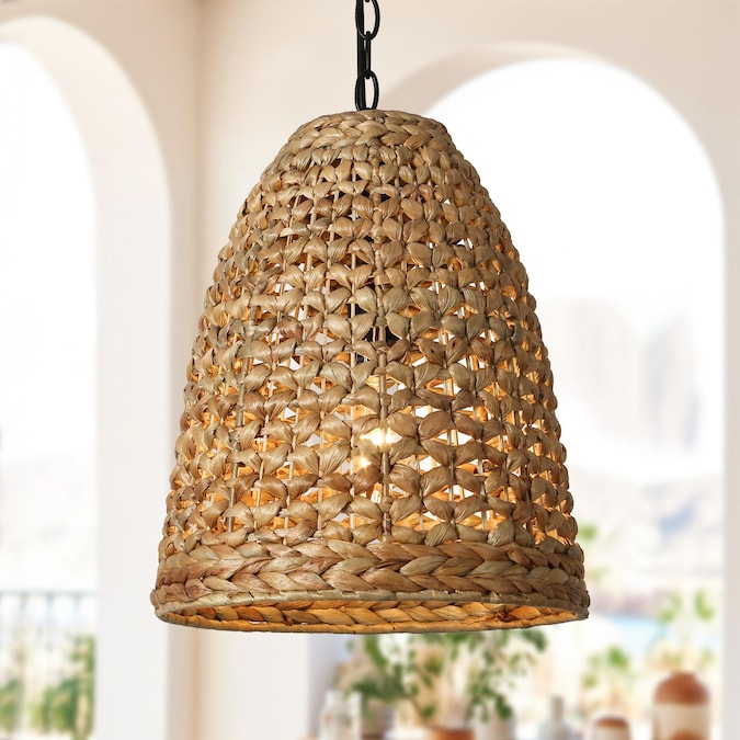 LNC Holophankton Black with Natural Brown Rattan Modern/Contemporary Bell LED Medium Hanging Kitchen Island Light