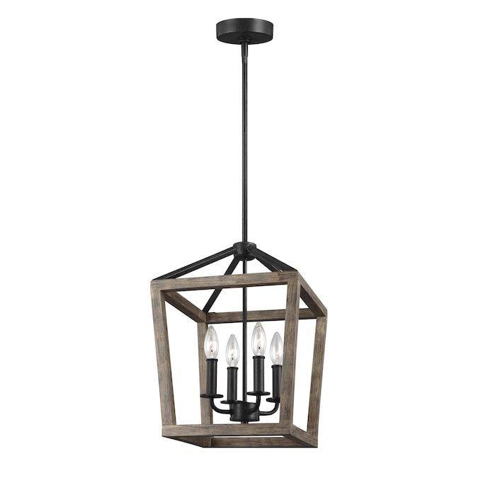 Generation Lighting Gannet 4-Light Weathered Oak Wood and Antique Forged Iron Modern/Contemporary Lantern Mini Hanging Chandelier