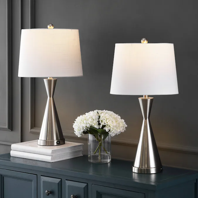 JONATHAN  Y Colton Iron USB Charging Port Classic 26-in Nickel LED On/Off Switch Table Lamp with Linen Shade