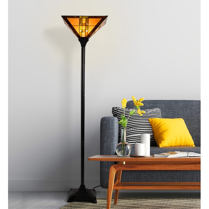 Hastings Home Tiffany Style LED Floor Lamp - Modern Black Metal Base with Multicolor Stained Glass Shade - Extra Tall 71 Inches