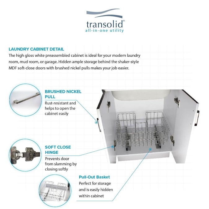Transolid 24-in x 19.7-in 1-Basin White Freestanding Laundry Sink with Cabinet, Drain, and Faucet - Image 6