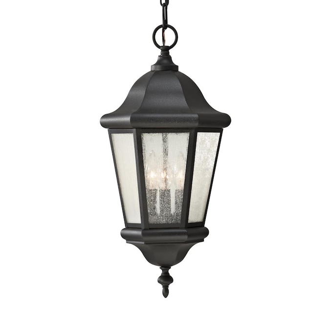 Generation Lighting Martinsville 3-Light Black Traditional Seeded Glass Lantern Medium Outdoor Hanging Pendant Light