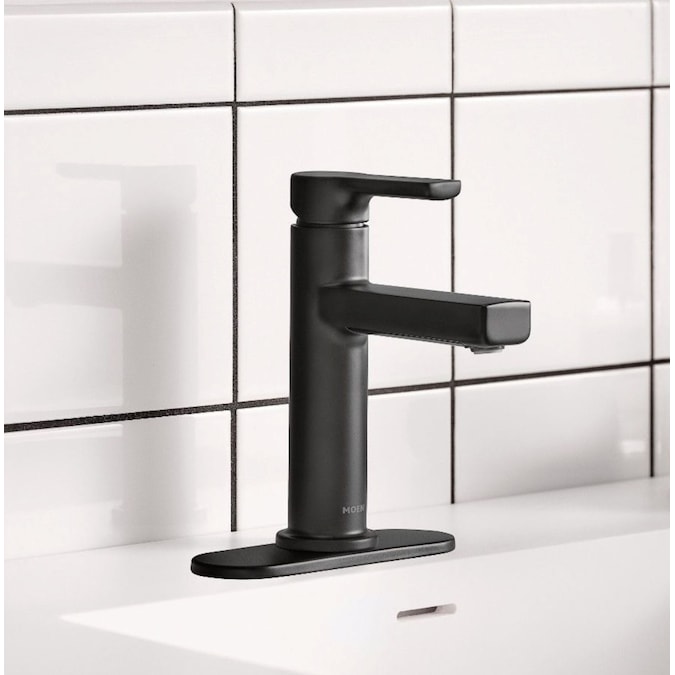 Moen Rinza Matte Black Single Hole 1-Handle WaterSense Bathroom Sink Faucet with Drain and Deck Plate