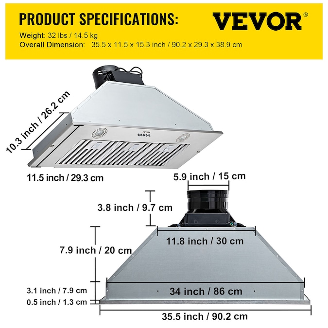 VEVOR Insert Range Hood 3-Speed 36-in 800-CFM Ducted 201 Stainless Steel Under Cabinet Range Hoods Undercabinet Mount with Charcoal Filter - Image 8