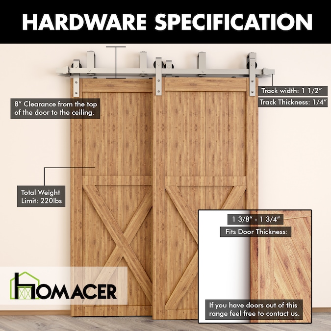 HOMACER 144-in Brushed Nickel Indoor J-strap Double Bypass Barn Door Hardware Kit - Image 3