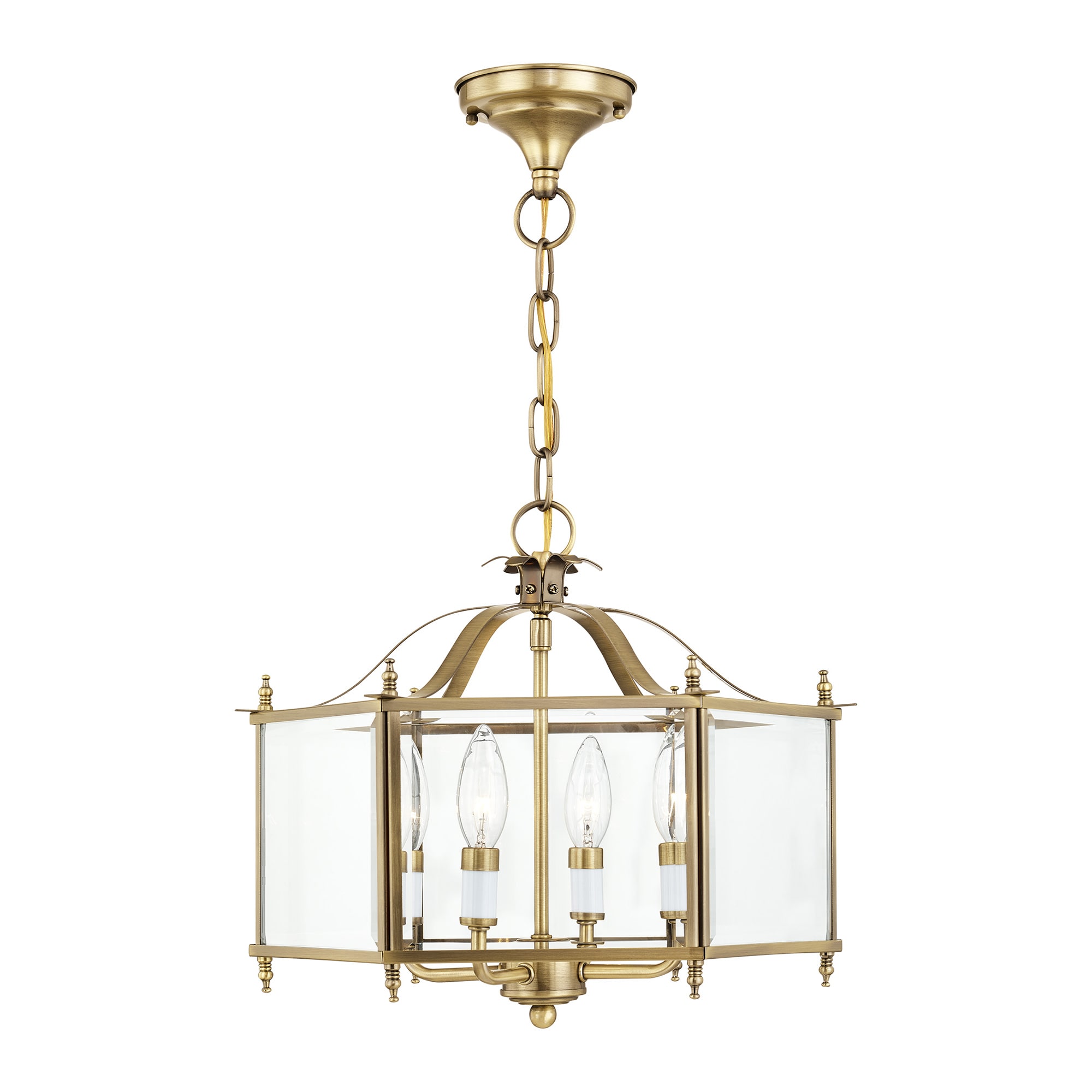 Livingston 4 -Light Antique Brass Traditional Beveled glass Lantern Medium Hanging Convertible pendant/Semi-flush