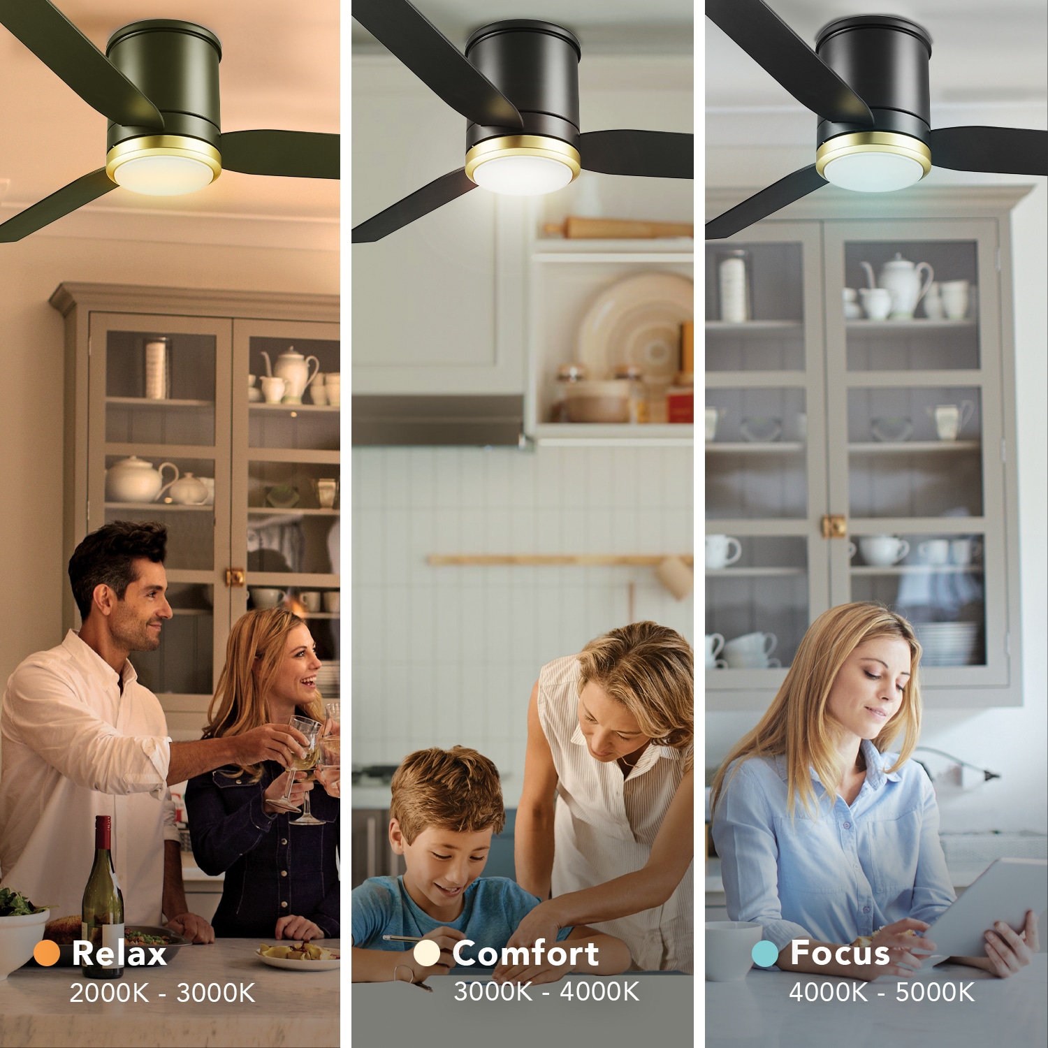 Caledon 52-in Color-Changing Integrated LED Outdoor Flush Mount Smart Black/Brushed Gold with Black Blades Ceiling Fan With Light - Remote Included ( 3 -Blade ) - Image 7