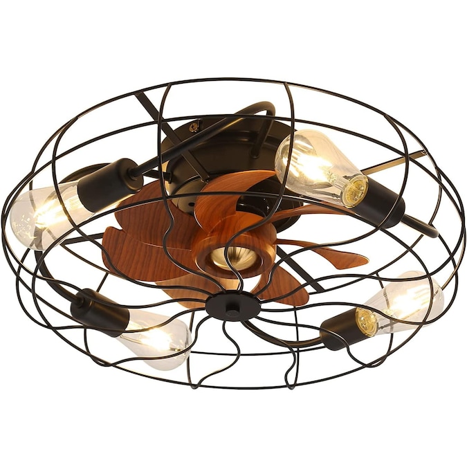 Bayfeve 20-in Black with Brown Wood Grain Blades LED Indoor/Outdoor Flush Mount Fandelier Ceiling Fan with Light and Remote (7-Blade)
