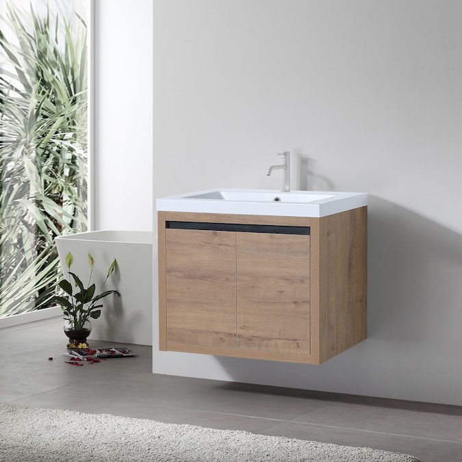 Forclover Floating Soft-Closing 23-in Imitative Oak Single Sink Floating Bathroom Vanity with White Cultured Marble Top