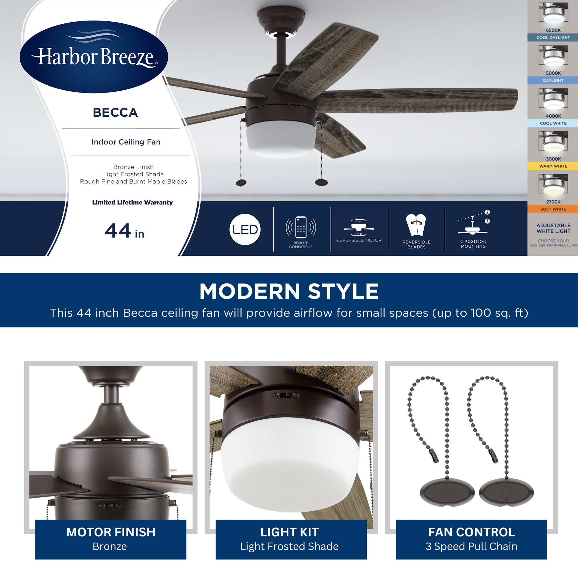 Becca 44-in Color-Changing Bronze with Mocha/Cocoa Blades Ceiling Fan With Light ( 5 -Blade ) - Image 3