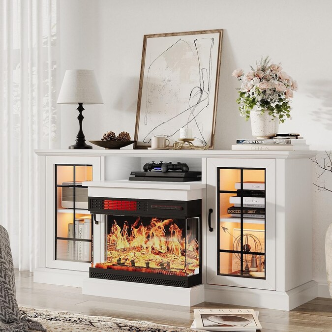 AOXUN 59-in W White TV Stand with LED Flat Wall Electric Fireplace with Remote Control Included