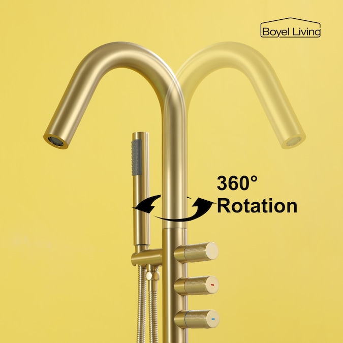 Clihome Brushed Gold 3-handle Freestanding Swivel Bathtub Faucet with Hand Shower (Valve Included) - Image 8