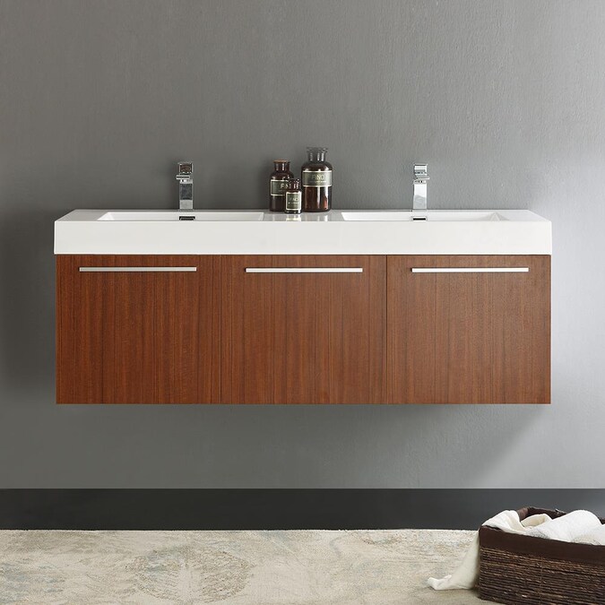 Fresca Vista 60-in Teak Double Sink Floating Bathroom Vanity with White Acrylic Top