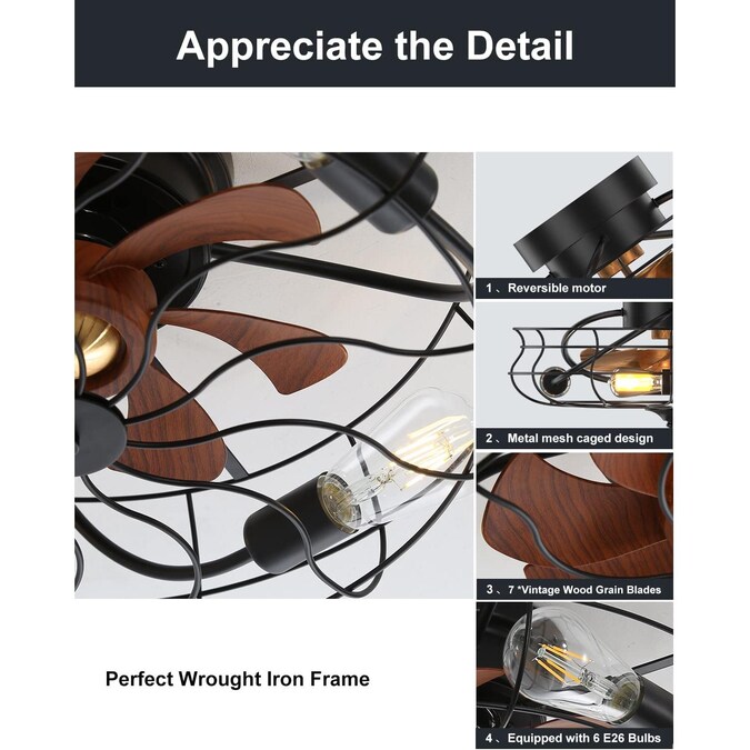 Bayfeve 20-in Black with Brown Wood Grain Blades LED Indoor/Outdoor Flush Mount Fandelier Ceiling Fan with Light and Remote (7-Blade) - Image 6