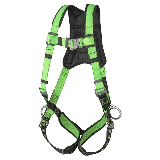 PeakWorks Full Body Padded Safety Harness with Back Support, 5-Point Adjustment, Fall Indicator, Back and Side D-Rings, Grommet Leg Buckles, Hi-Vis Green/Black, Universal Fit
