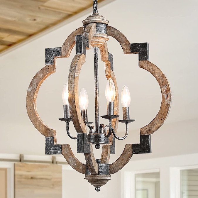 LNC Timeless Wood 4-Light Antique Black Farmhouse LED Dry rated Chandelier