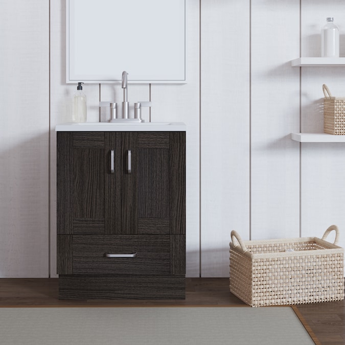 Diamond NOW Collins 24-in Milano Oak Brown Woodgrain Single Sink Bathroom Vanity with White Cultured Marble Top