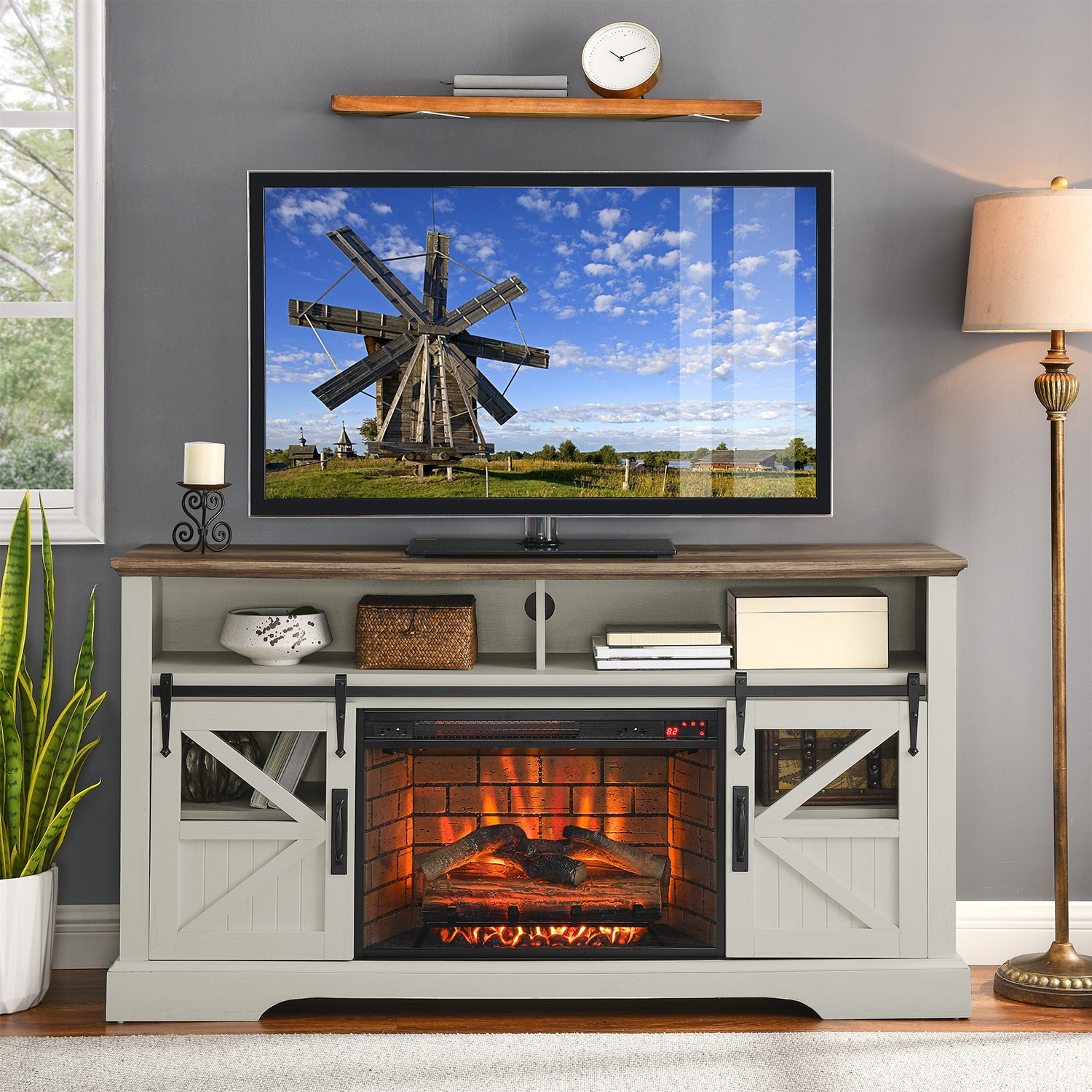 60-in W Jasmine White TV Stand with Infrared quartz Flat wall Electric Fireplace with Remote Control Included