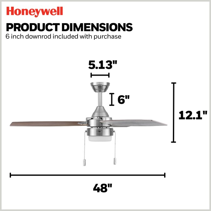 Honeywell Berryhill 48-in Brushed Nickel with Gray Oak Blades Color-changing Integrated LED Indoor Ceiling Fan with Light (3-Blade) - Image 7