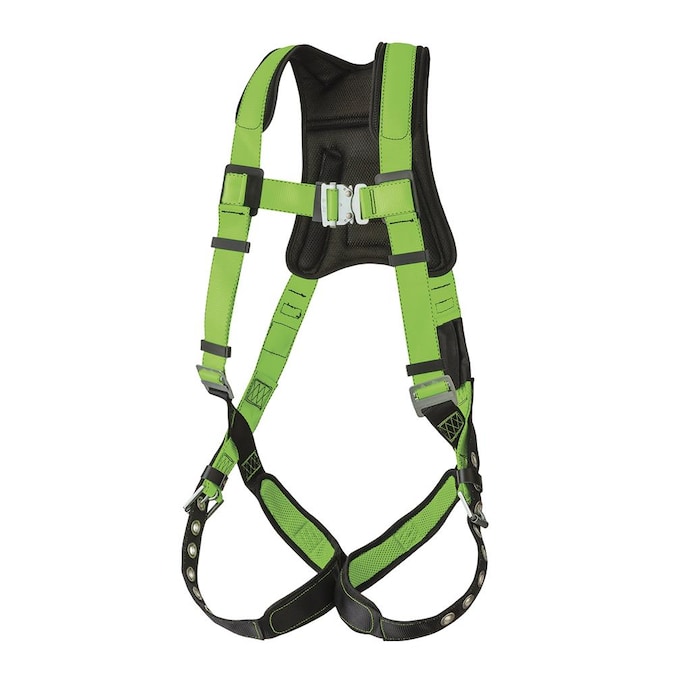 PeakWorks Full Body Padded Safety Harness with Back Support, 5-point Adjustment, Fall Indicator, Back D-ring, Grommet Leg Buckles, Hi-vis Green/black, Universal Fit