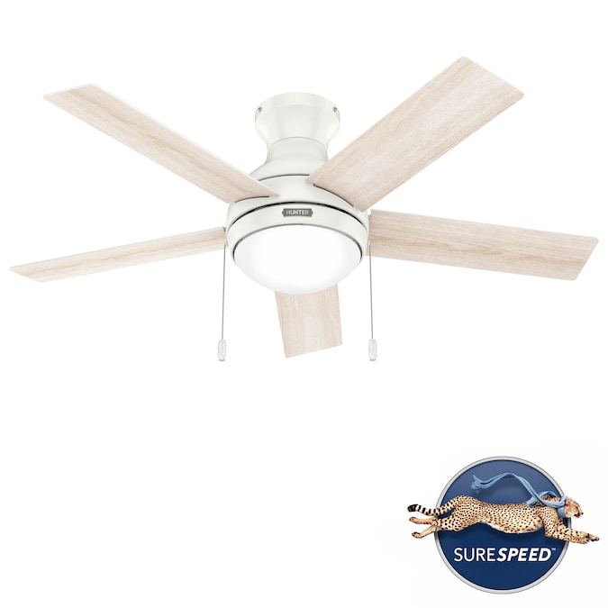 Hunter Aren SureSpeed 44-in Fresh White with Bleached Alder Blades LED Indoor Flush Mount Ceiling Fan with Light (5-Blade)